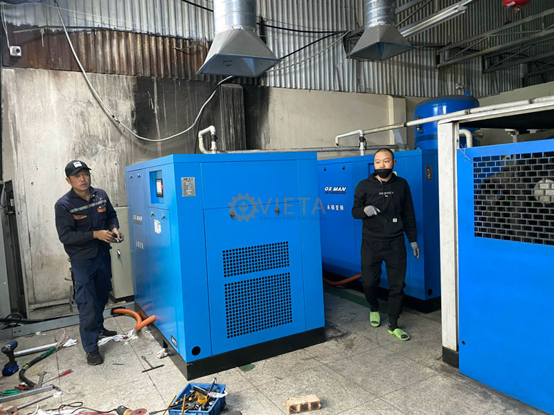 Hoàn thành lắp đặt máy nén khí Osman 75Kw và chuẩn bị dọn dẹp nhà phòng khí nén