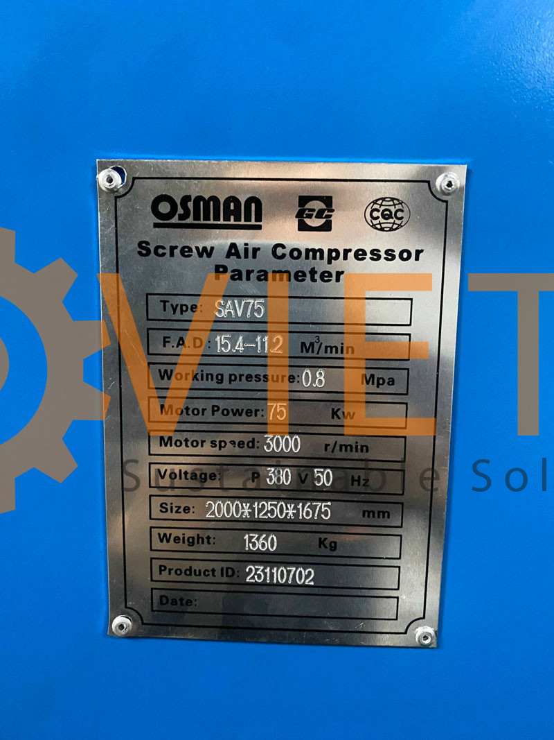 Thông số kỹ thuật của máy nén khí Osman 75Kw, lắp đặt tại công ty ở Bắc Ninh.