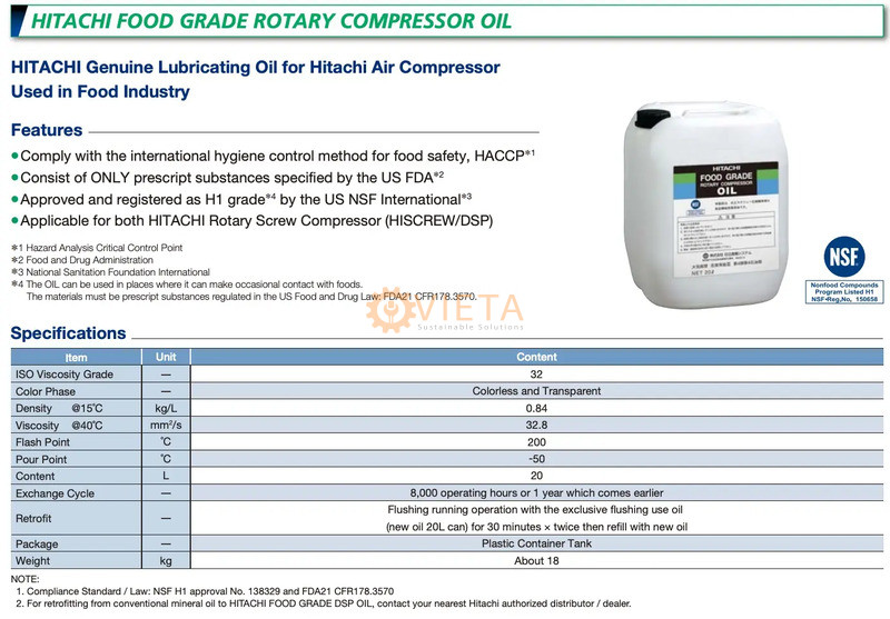Dầu HITACHI FOOD GRADE ROTARY COMPRESSOR OIL