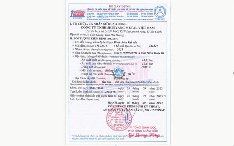 Giấy kiểm định máy nén khí theo quy định